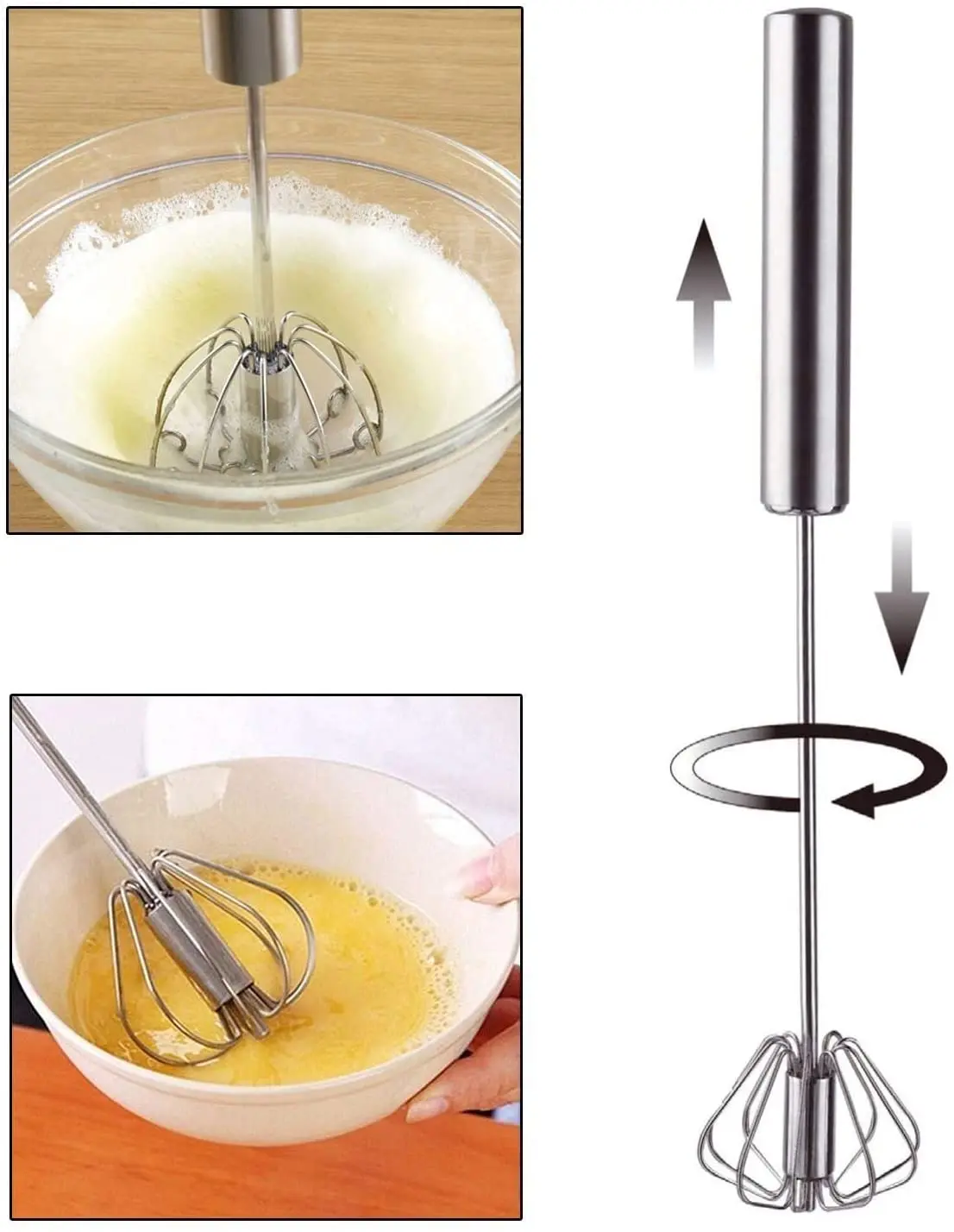 

Amazon Hot Selling Stainless Steel Semi-Automatic Egg Whisk Milk Frother High Quality 14 Inch Hand Push Rotary Manuel Egg Whisk, Silver