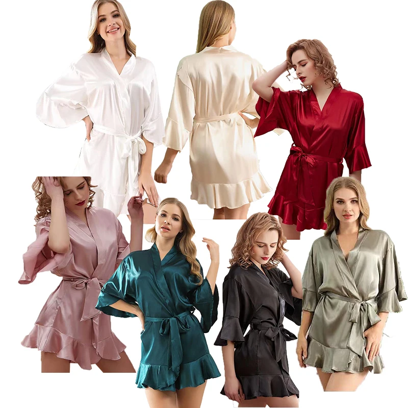 

Quality Bridal Robes Satin Bridesmaid Wedding Night Satin Silk Pure Ruffle Robe For Women
