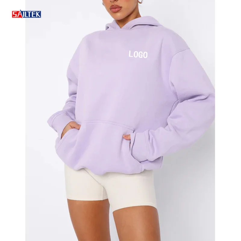 

2024 New arrival high quality 450 gsm lavender hoodie women custom puff print long sleeve pullover hoodies