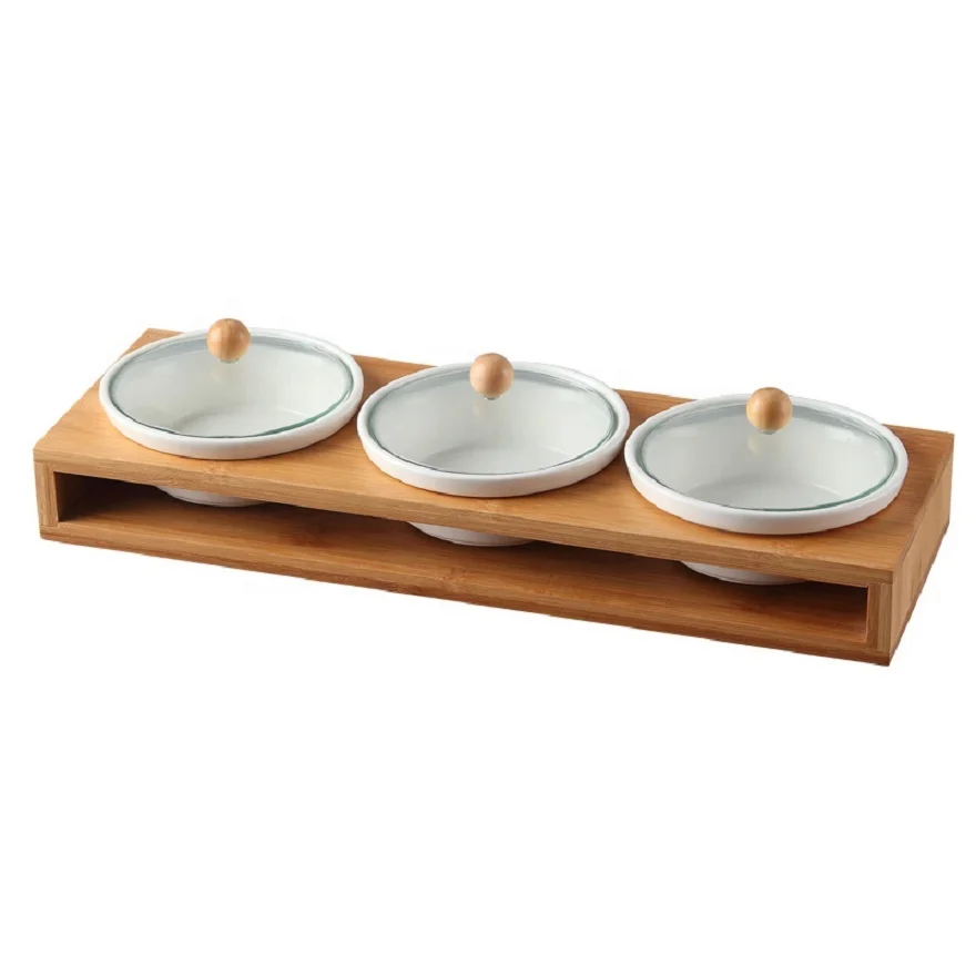 

Snacks Nuts Dried Fruit Plate Tempered Glass Cover Bamboo Eco-Friendly Tray Living Room Platter Tableware Ceramic Platter