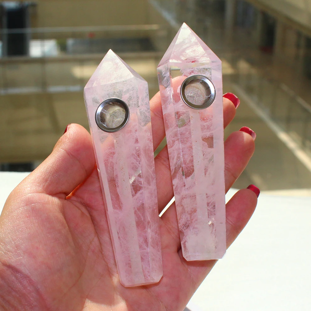 

Natural rose pink quartz crystal tobacco wand crystal smoking pipe for gift, As picture