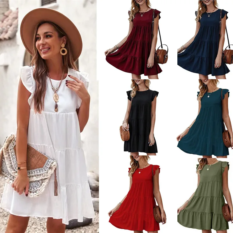 

2022 New Solid Color Round Neck Cake Skirt Short Sleeve Breathable Casual Pleated Dress, Red /black/orange/olive/blue /dark blue