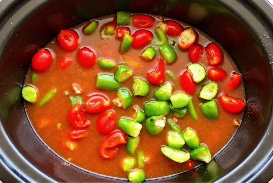 Slow cooker filled with vibrant red and green stuffed pepper soup ingredients before cooking