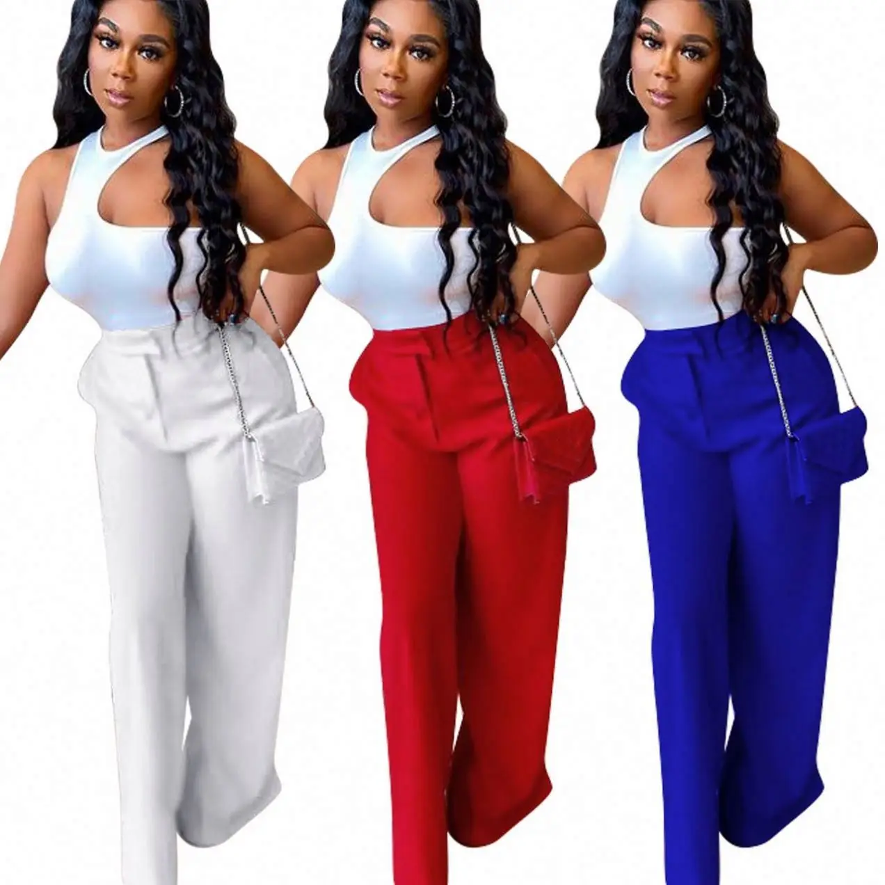 

OSINA Amazon 2021 Streetwear White T Shirt And Wide Leg Pants 2 Piece Set Women Clothing Women Casual Suits Two Piece Pants Set