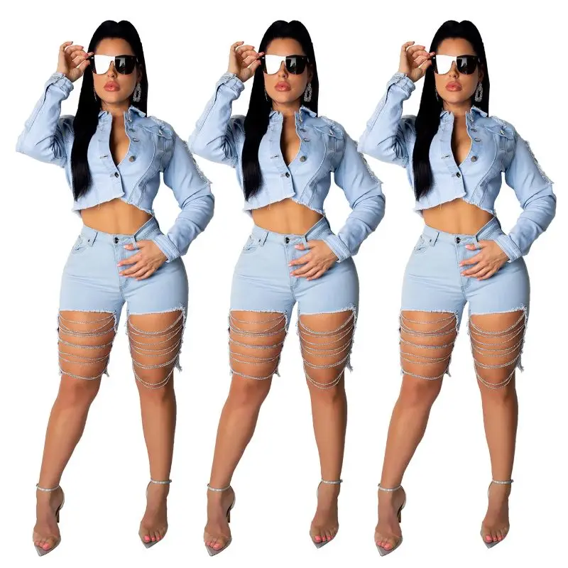 

2021 Fashion Breathable Sexy Women Fall Denim Coat Denim Shorts Two Piece Set Plus Size Women Clothing With Chain, Blue