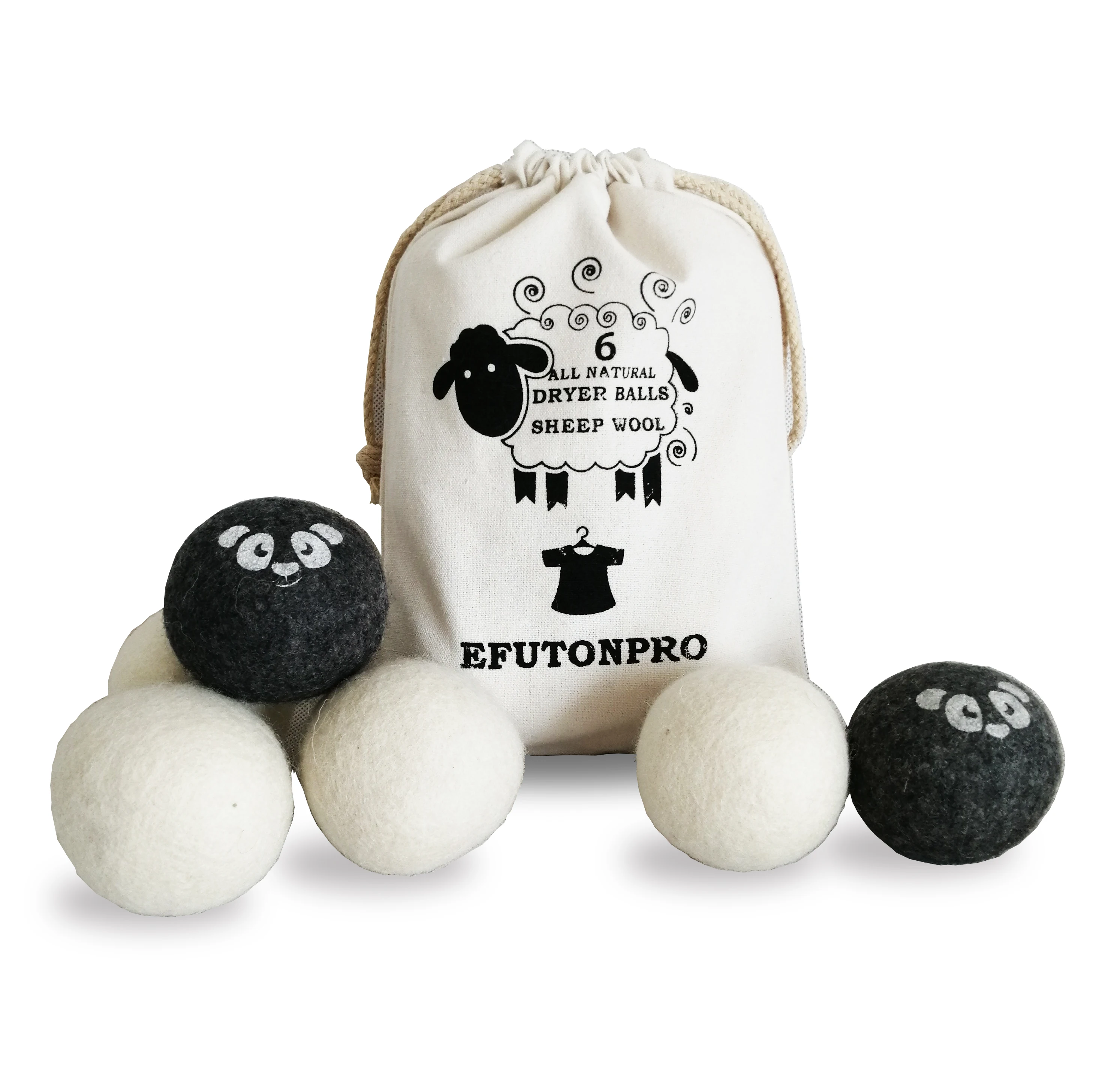 

6 Pack XL 100% Pure organic Wool Dryer Ball with cotton bag packing, White grey black colorful