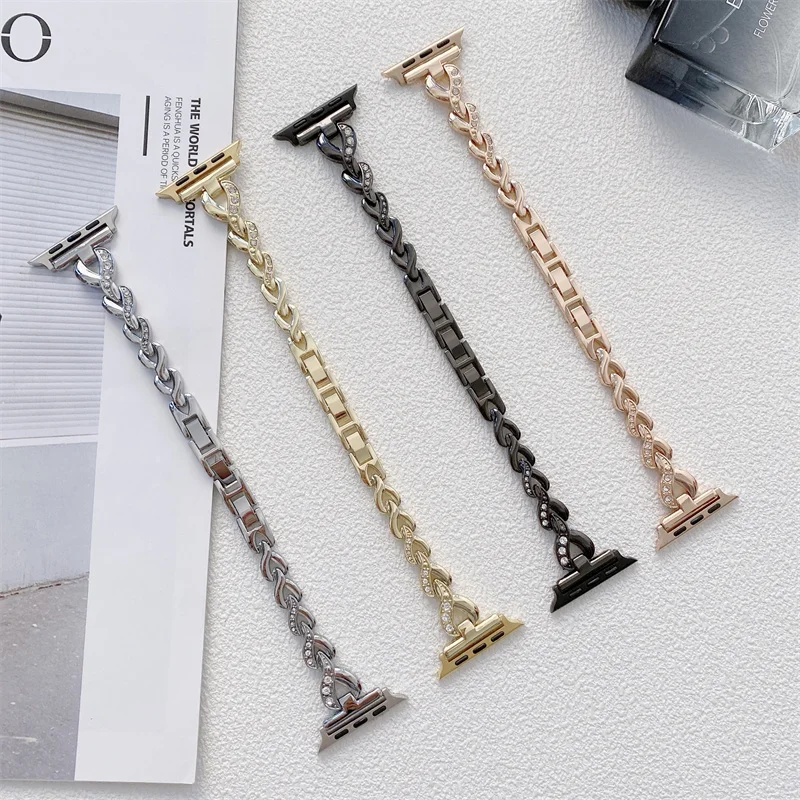 

Fashion Women Metal Strap Diamond Luxury Charm Slim Love Stainless Steel Bracelet Watch Band For Apple Watch Series 7 6 5 4