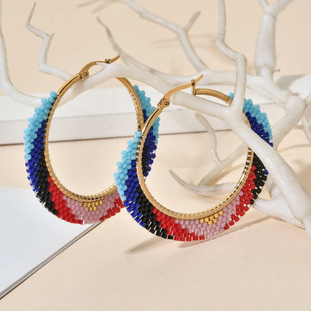 

Europe America Mexican Bohemia Women's Jewelry Geometric Handmade Miyuki Beads Weave Gradual Colorful Boho Earrings