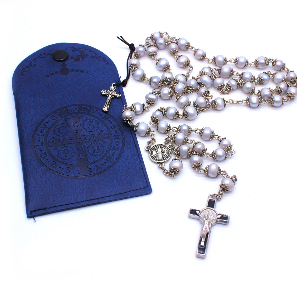 

2021 Komi Wholesales Religious Catholicism Pearl Beads Wedding Gift Prayer Rosary Necklace With Leather Bag