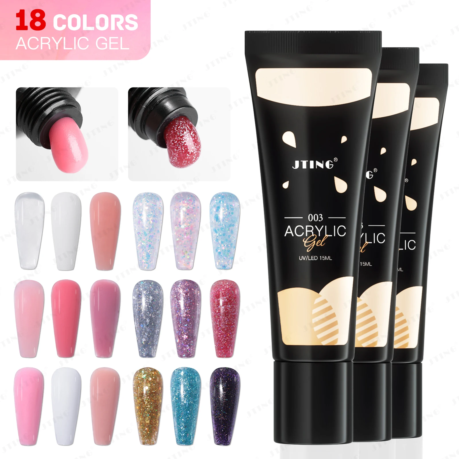 

JTING Professional Easy Apply 18colors acryl gel polish OEM ODM Soak off Glitter Colors poly gel acrylic nails extension set