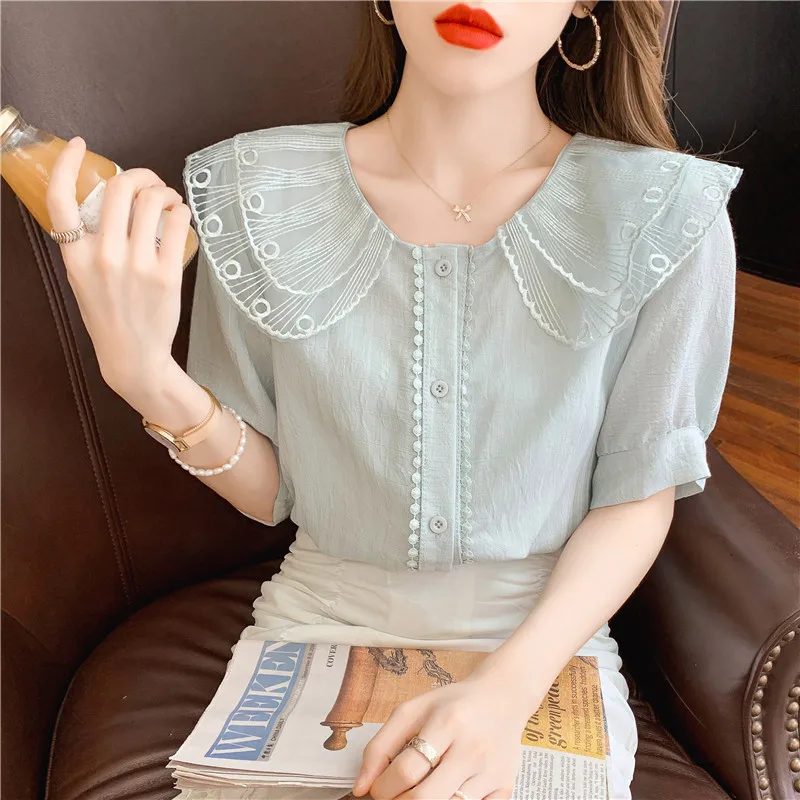 

YK1481A Puff sleeve doll collar shirt temperament all-match summer clothing lady new style lace shirts