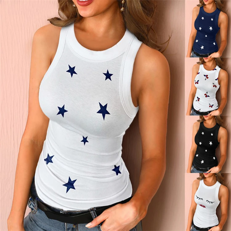 

DUODUOCOLOR Solid color printing round neck sleeveless casual plus size women spandex vest summer trendy clothes D10117