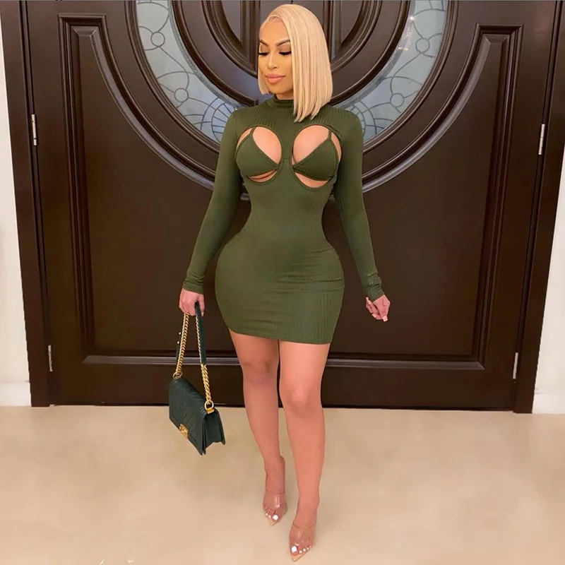 

Women Dresses Bra 2021 Summer New Fashion Sexy O-Neck Long Sleeve Hollow Elastic Slim Bag Hip Solid Color Mini Dress Woman