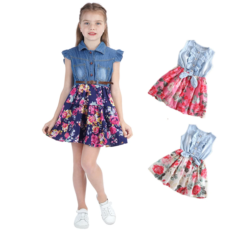

Autumn New Children Factory Direct Long-sleeved Fall Kids Clothing Long Sleeve Girls Floral Print Denim Dress, Picture shows
