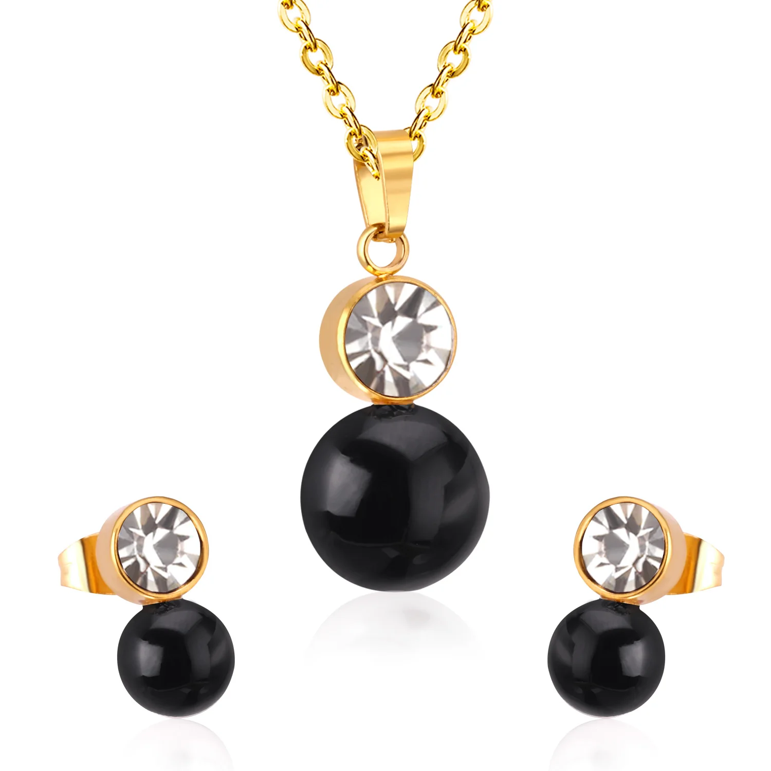 

Fashion Stainless Steel 18k Gold Fresh Black Pearl Women Jewelry Sets For Girl, Gold/steel