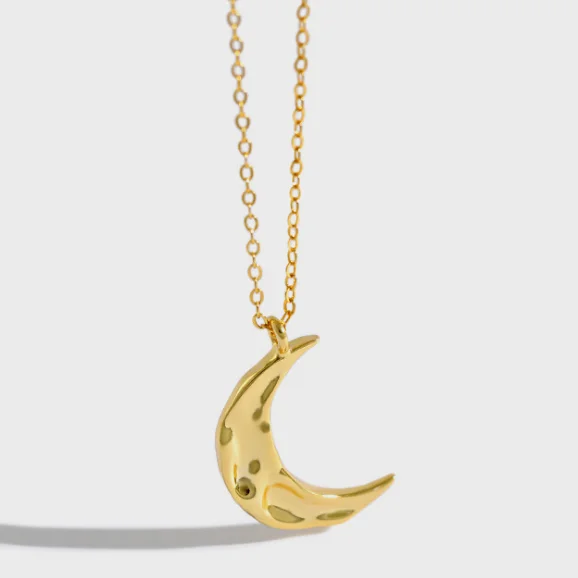 

Fashion Beautiful Minimalist Tusk 925 Sterling Silver Crescent Hammered Irregular Bump Moon Pendant Necklace, Gold/silver