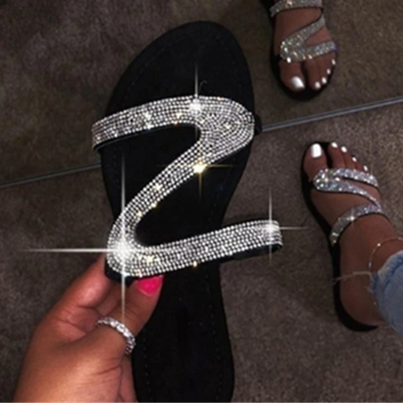 

Summer flat bottom women slippers large size retro rhinestone slippers outdoor sandals, As picture