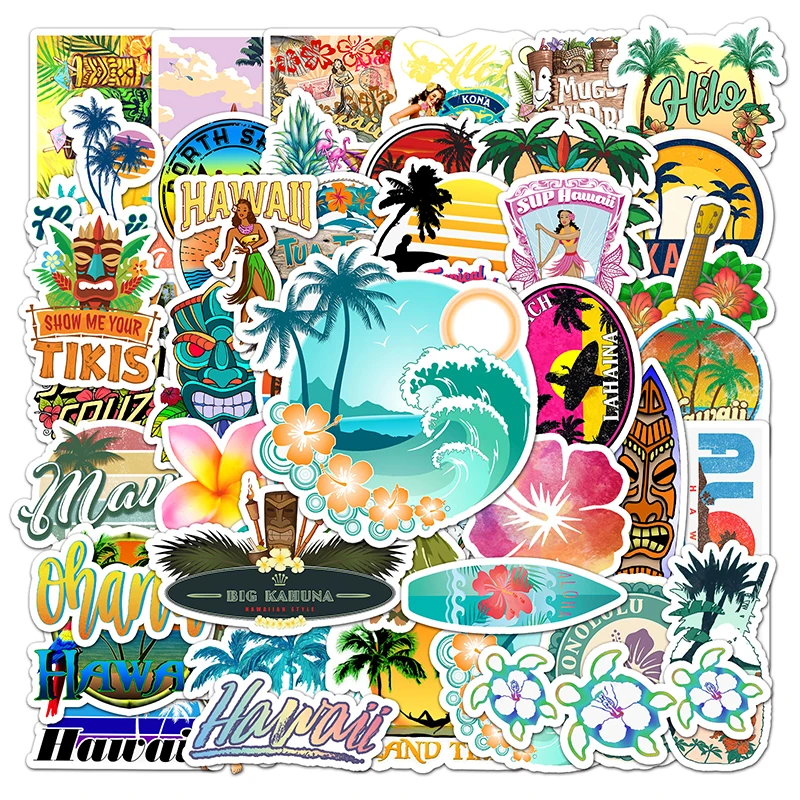 50pcs Wholesale Price Custom Sticker Waterproof Decorative Luggage Laptop Water Bottle Cute Cartoon Hawaii Beach Sticker