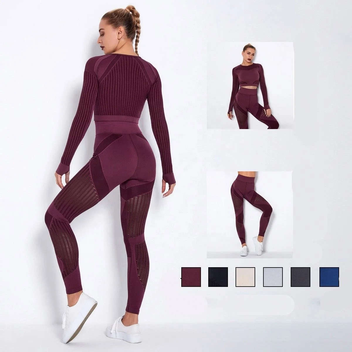 

VOOGUE Long Sleeve Hollow Legging Pants Jogging Sets Sports Solid Women 2 Piece Set Clothing for Active Wear, Picture shows