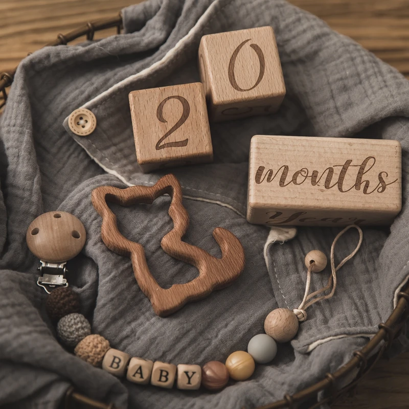

1set Baby Milestone Wooden Block Baby Photography Milestone Memorial Monthly Newborn Commemorative Card Number Photo Accessories, Picture
