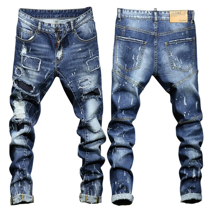

2021 fashion street wear popular men slim high elastic ripped jeans pants, Blue
