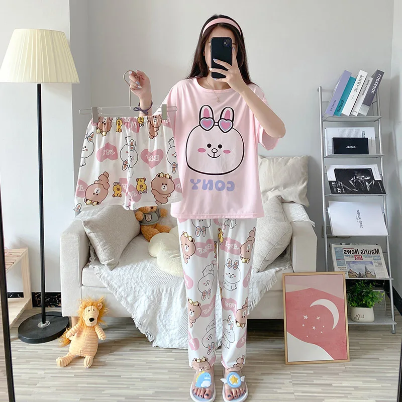 

Hot sales in Thailand Short sleeve pyjamas shorts trousers three piece suit cute cartoon home wear sleepwear women, Customized color