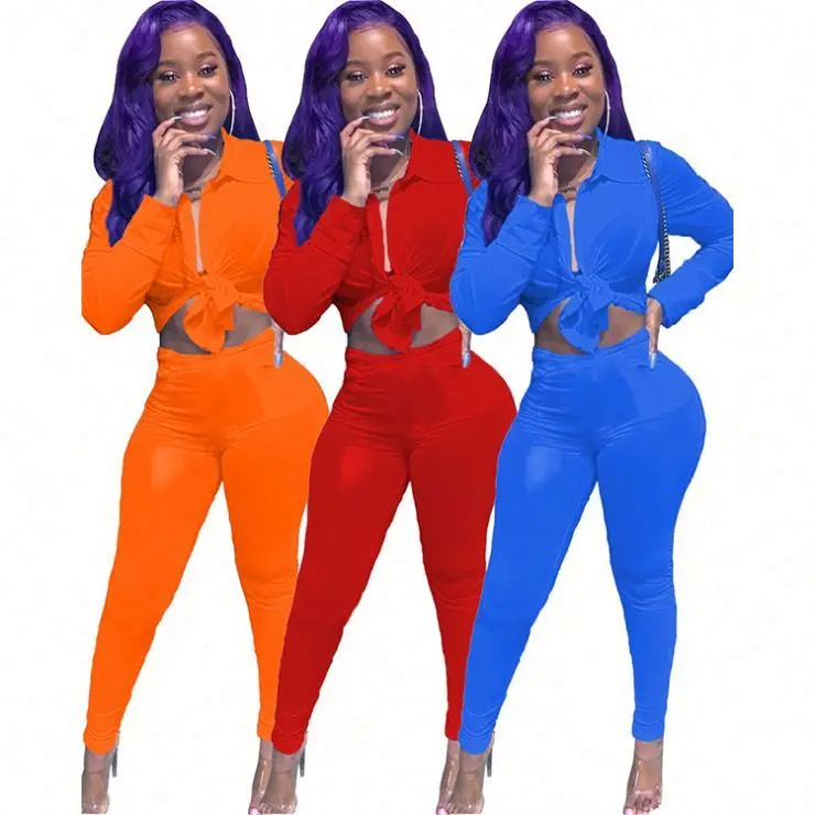 

Newest Fall 2020 Bodycon Top And Pants Sexy Outfits Two Piece Women Sweatsuit Set