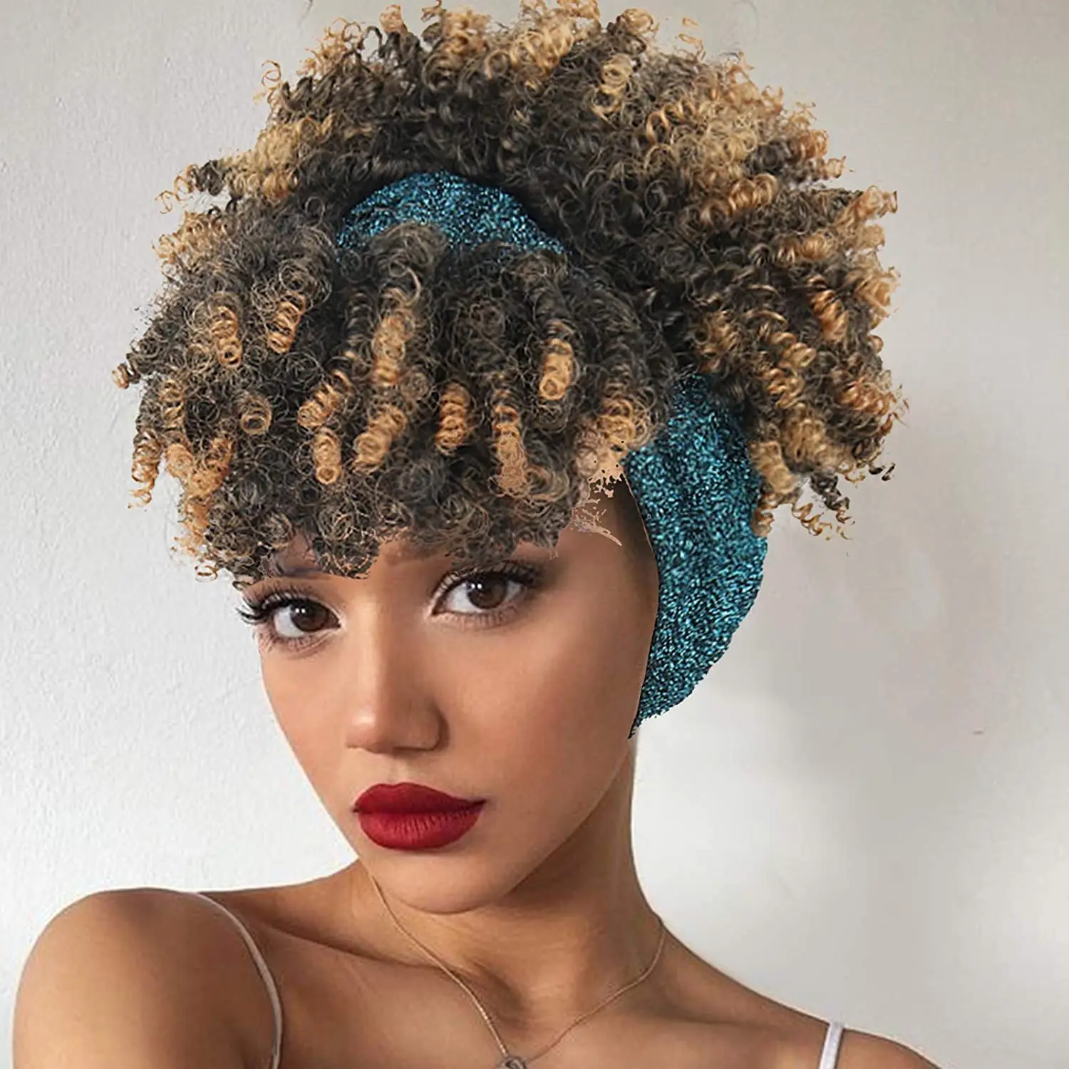 

G&T Wig Afro High Puff Hair Bun With Bangs Short Kinky Curly Pineapple Hair Extensions Headband Wig for Black Women, Multi color