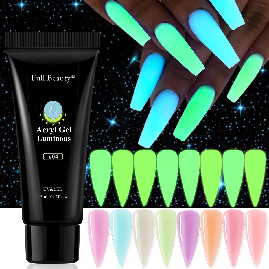 

15ml Acrylic Nail Polish Glow in Dark Fluorescent Poly UV Build Gel Crystal Quick Building Tip Nail Extension Gel