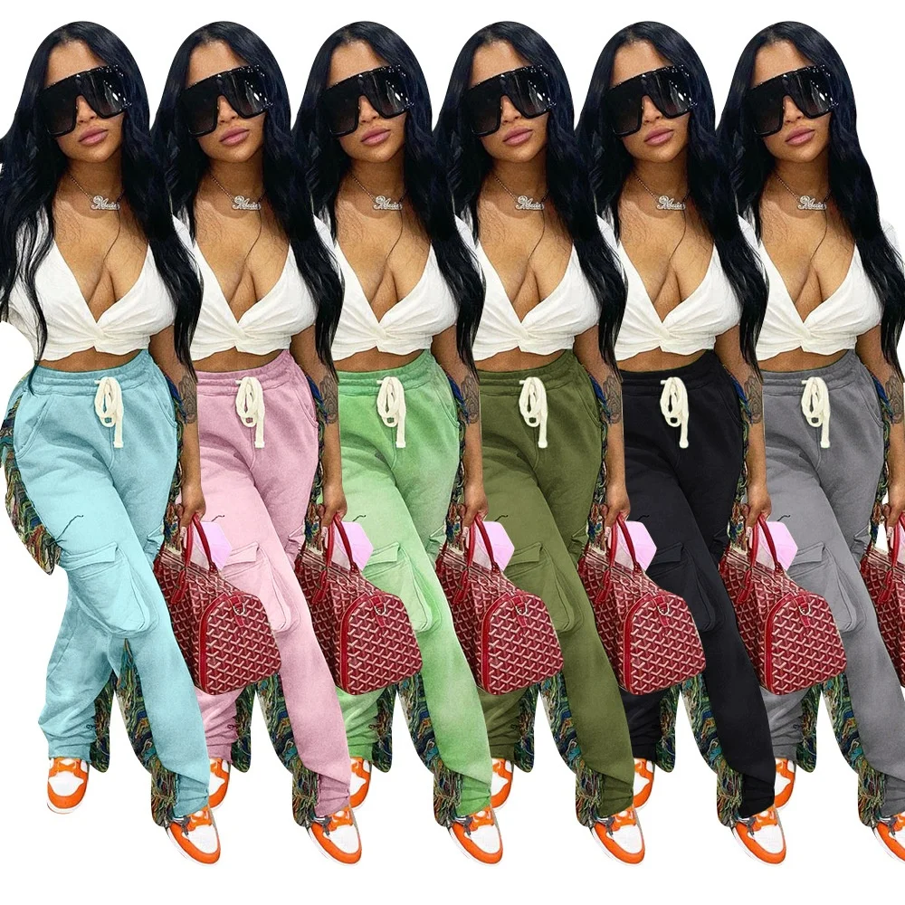 

OUDINA Fashion Clothing Solid Color Pant Casual Fringed Trousers Tassel Jogger Women Sweat Pants, Grey/black/blue/pink/green/brown/orange/khaki
