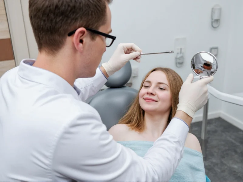 Dentist examining patient with dental mirror
