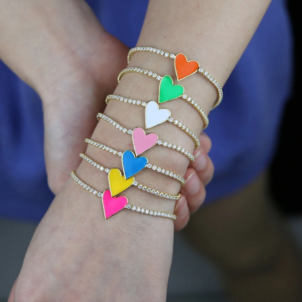 

Fashion colorful enamel pink green blue red Rainbow heart charm Bracelet with 3mm cz tennis chain paved wedding bracelet jewelry