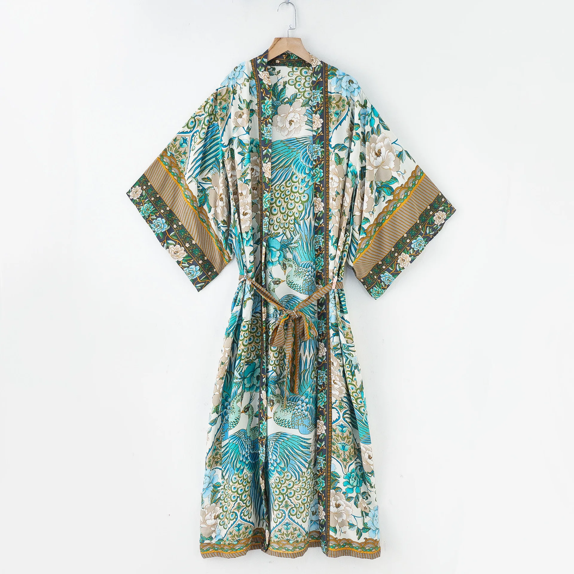 
Long Duster Vintage Flower Birds Floral Print Long Loose Fit Kimonos Casual Women Boho Robes Oversize Sashes Maxi Kimonos Dress 
