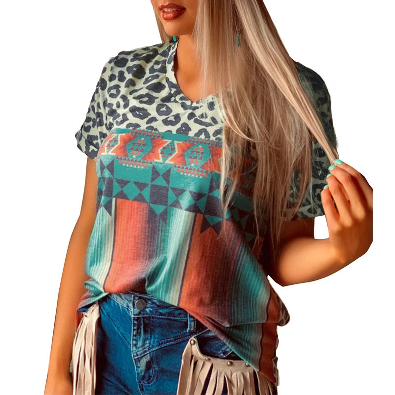 

2021 Newly summer printed patchwork short sleeve casual top clothes women tops fashionable