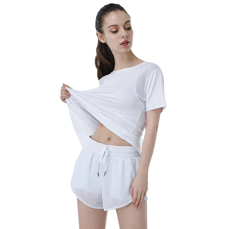 

suit women's breathable and quick-drying fitness T-shirt shorts Mesh stitching sports short-sleeved yoga clothing