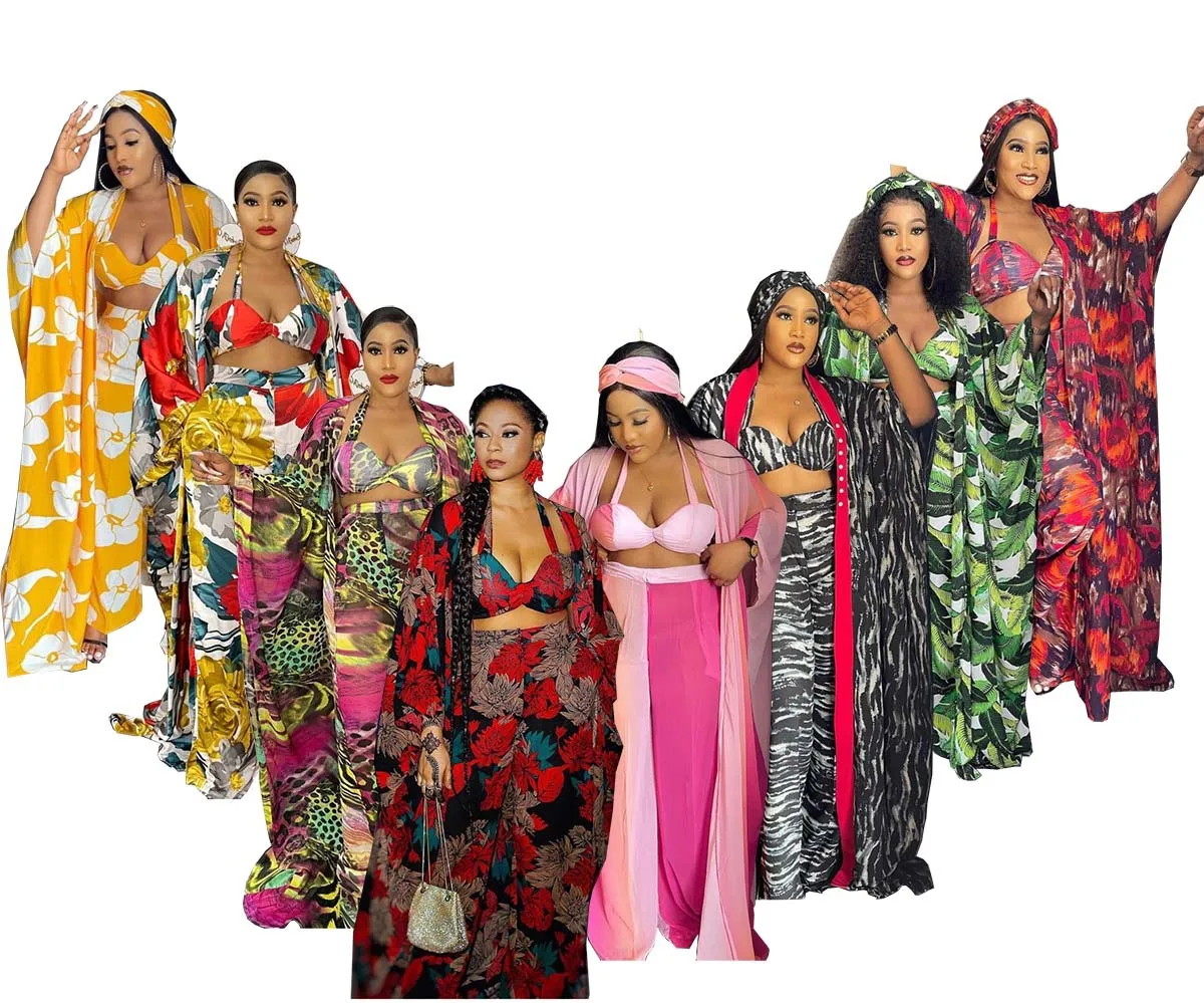 

2021 African Turkey Clothes Women 4pcs Outfits Printed pants And Robe 4 sets of text towels, As showed