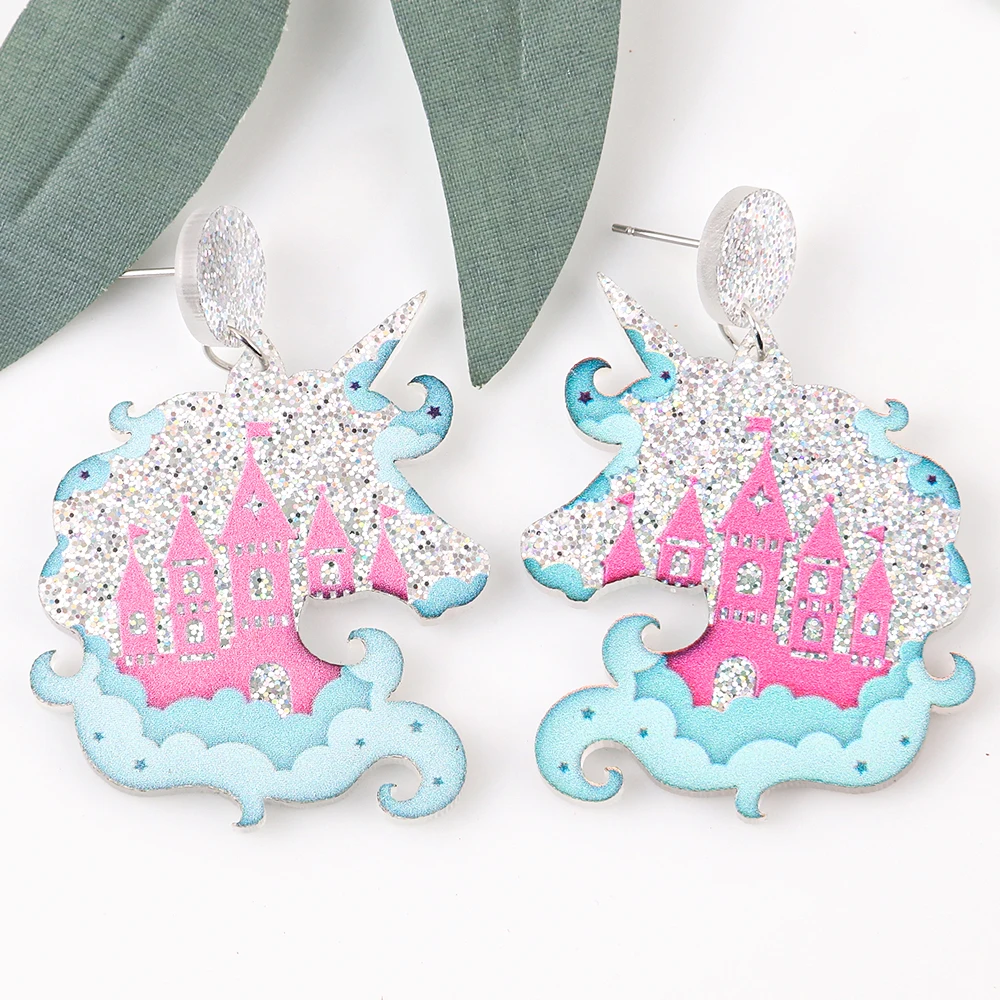 Popular Korean fashion sequins unicorn castle cute girl dream gift acrylic earrings