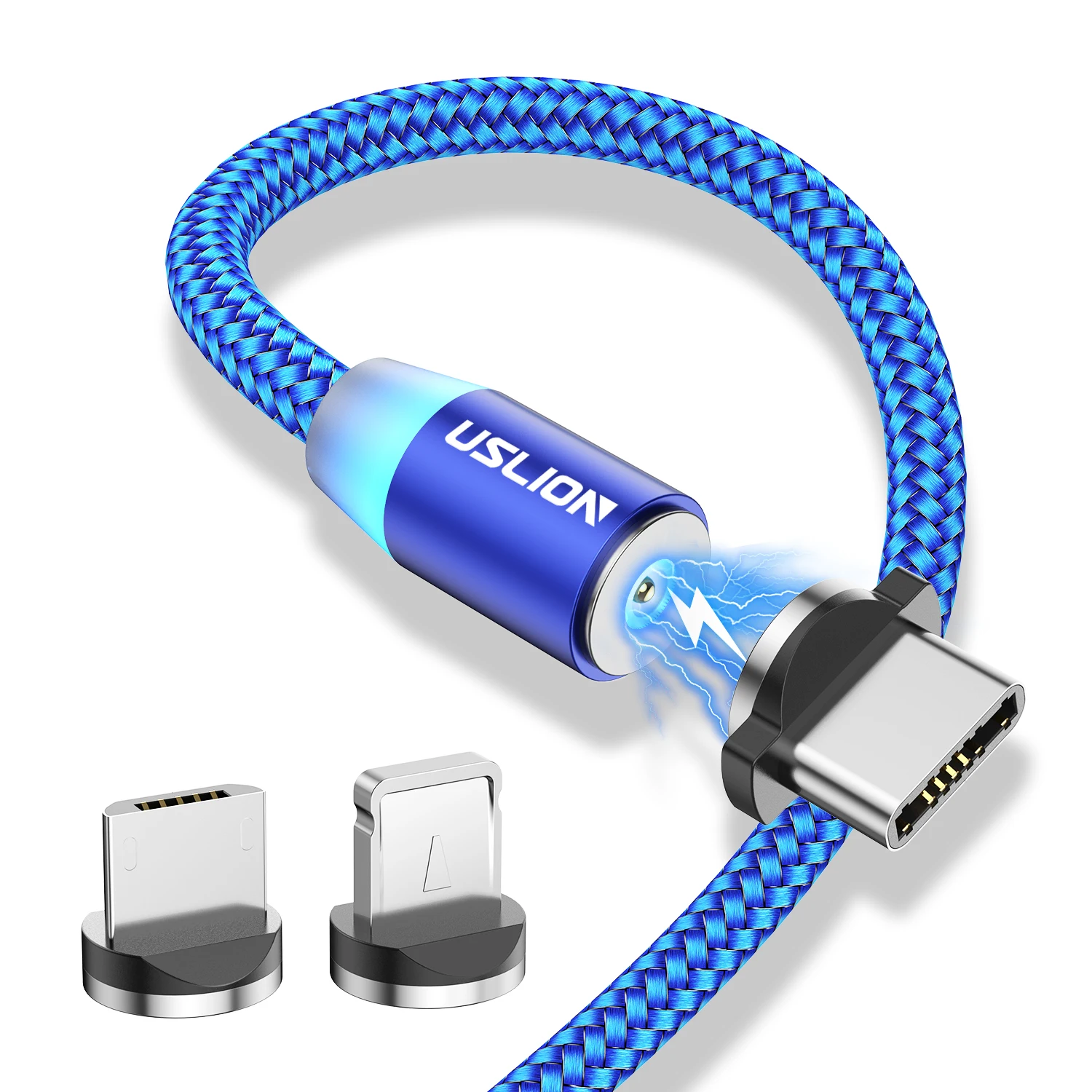 

USLION Customized LED Magnetic Charging Cable 2.4A Fast Charge 360 Magnet Charging Phone Cable For Lightning Micro USB Type C, Black/red/sliver/blue/gold