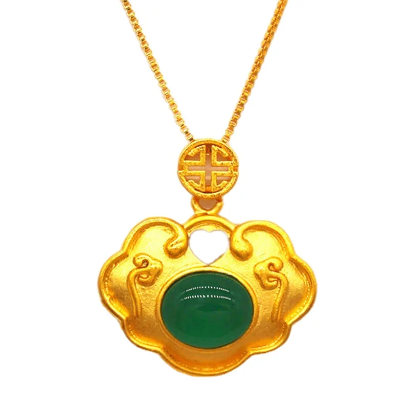 

Wholesale Vietnam Shajin Classic Heritage Emerald Long Life Lock Necklace Female Jewelry Brass Goldplated Jewelry