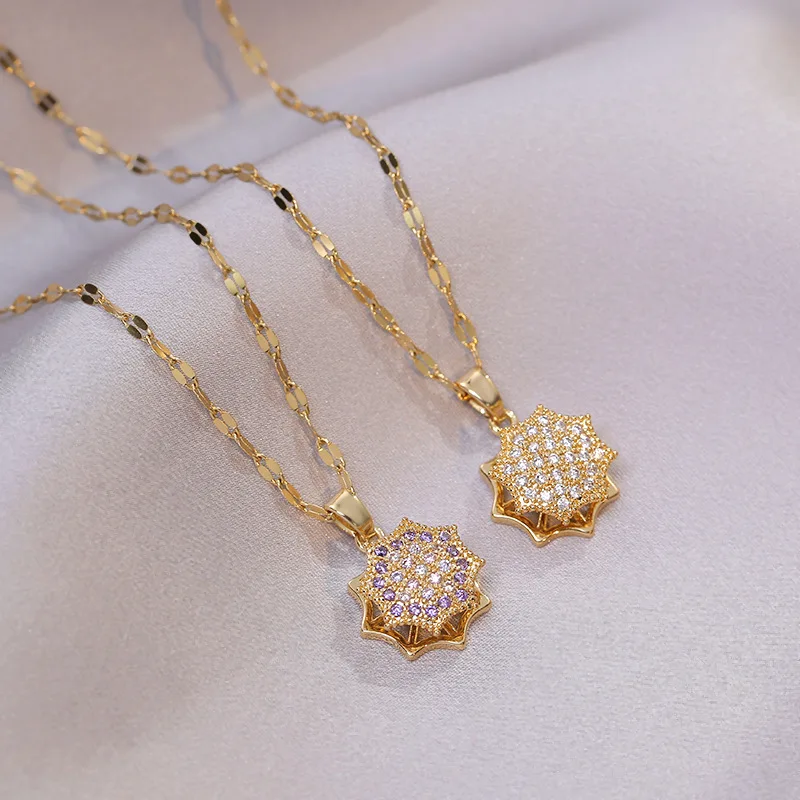 

New Trendy 18K Gold Plated Flower Pendant Necklace Full Zircon Necklaces For Woman