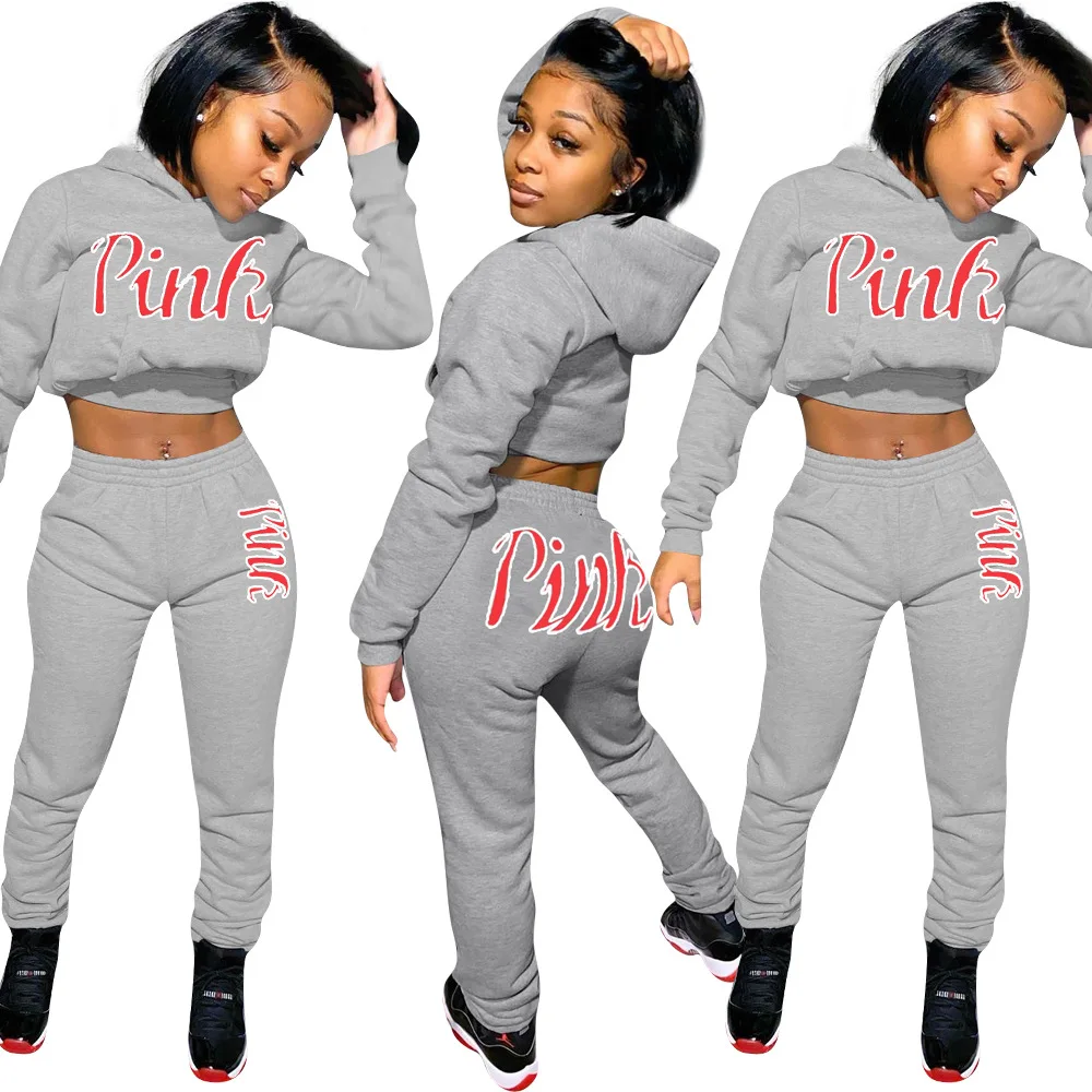 

Sportswear Jogging Suits 2 Piece Crop Top and Pant Set Women Sweatsuit Womens Joggers Two Pants Hoodie Women's Pink Tracksuits, Shown