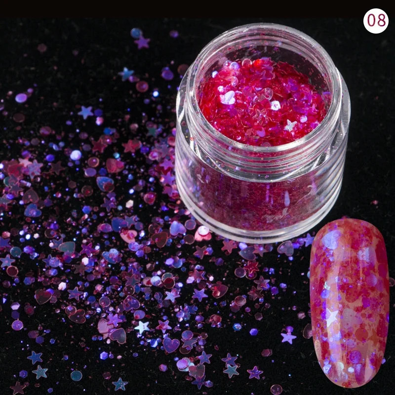 

12 Color Round Glitter Sequins Mix Size Neon Hexagon Star Heart Round Shape Change Color Nail Art Glitter Sequins 3D Nail Decor, 12 colors