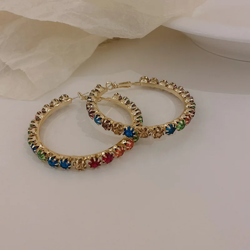 

New Arrival 925 Silver Post Colorful Rhinestone Hoop Earrings European Exaggerated Women Crystal Round Earrings