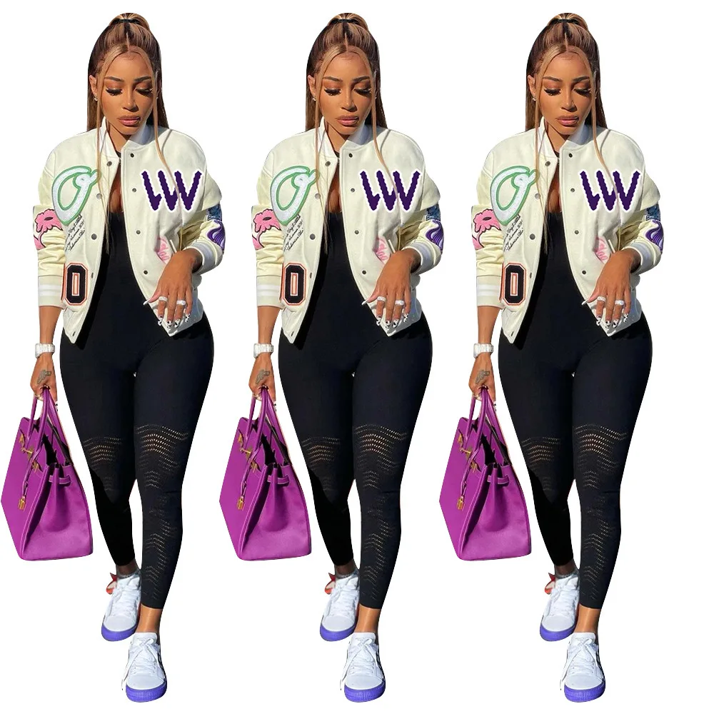 

XLL 9082I Fashion street autumn spring baseball coats single breasted women baseball jacket letter printed women trench coat