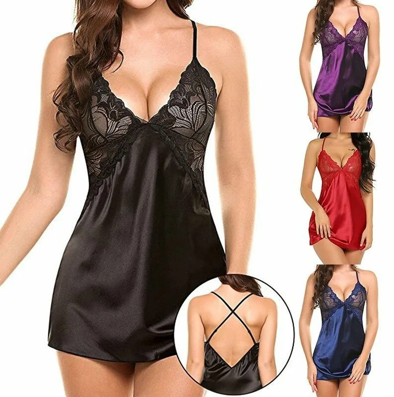 

Dropshipping Plus Size Satin Honeymoon Sexy Spaghetti Strap underwear Women Night lingerie Dress For Fat Ladies, Blue,black,red,purple