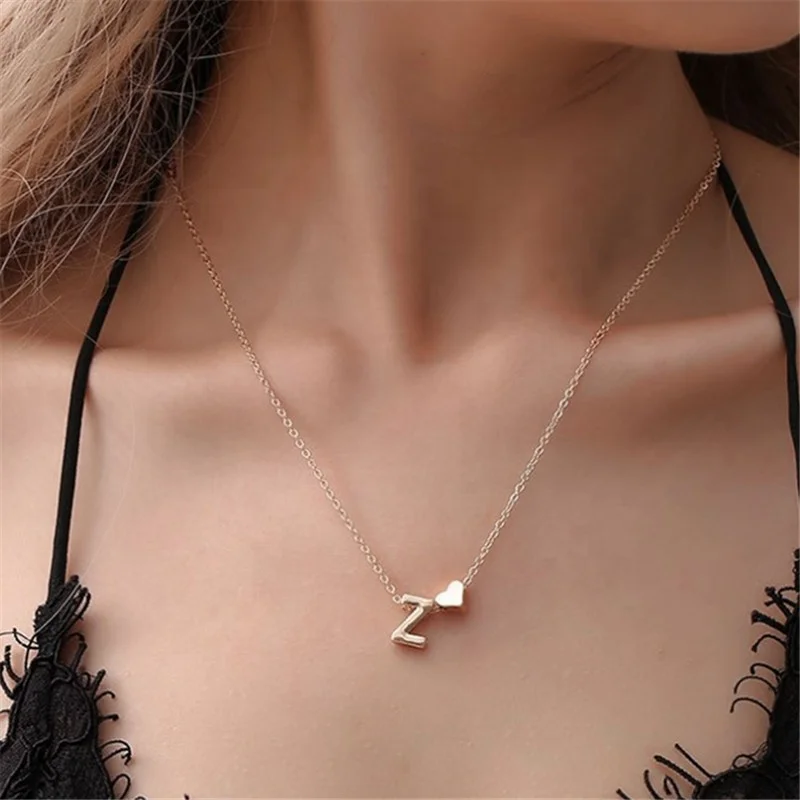 

Hot selling fashion 26 alphabet minimalist heart initial letter pendant necklace