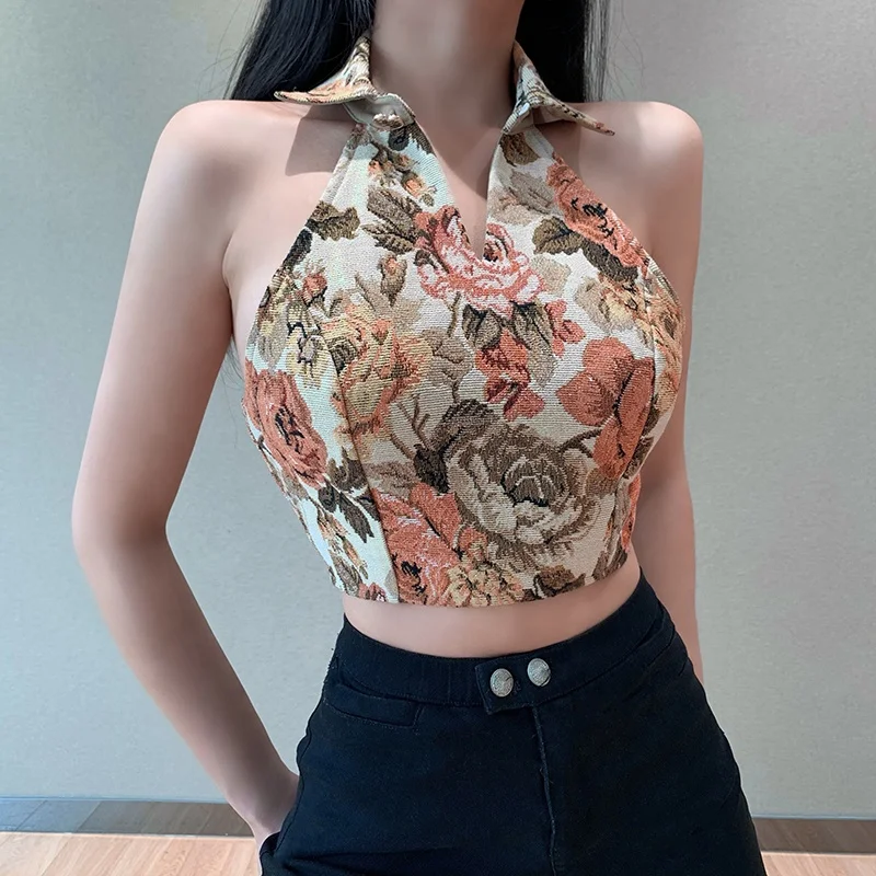 

wholesale summer best price fashion wear womans tops 2021 crop tank backless top polo tie up print floral off the shoulder