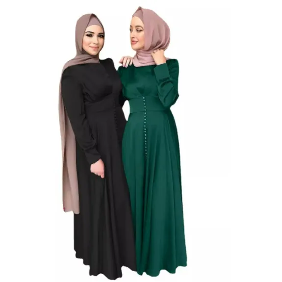 

Best Seller Soft Waist Beaded Woman Muslim Dress Dubai Elegant Satin Long Abaya Dress Islamic Clothing