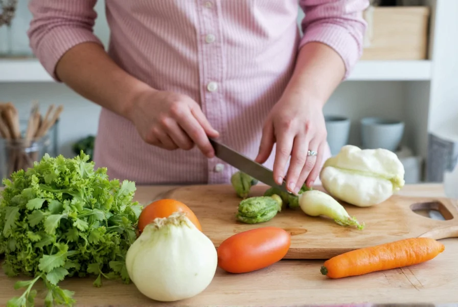 Annaliese Pepper demonstrating knife skills in a home kitchen setting with fresh vegetables