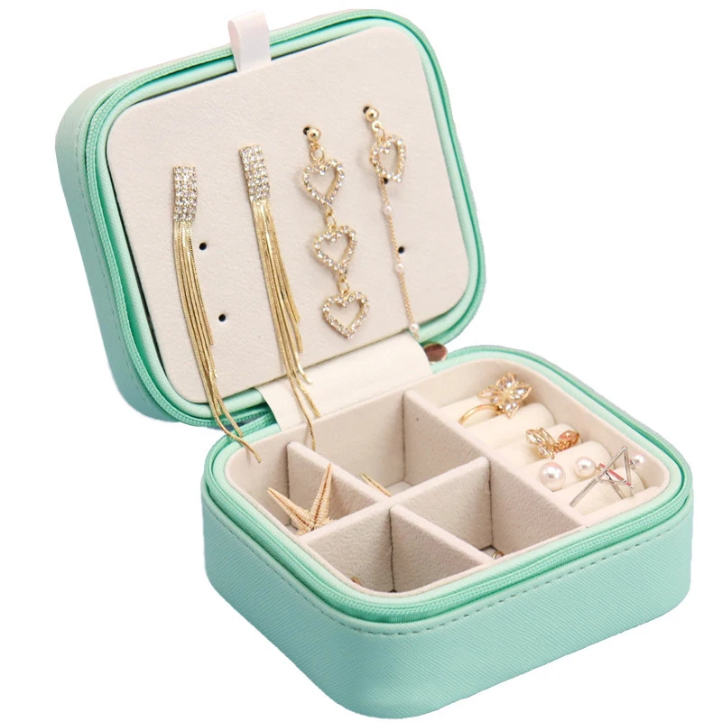 

New Double-layer simple small portable leather material zipper jewelry box jewelry box storage box